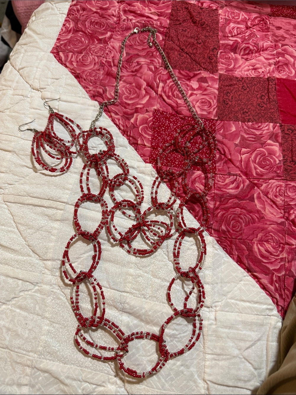 New Women’s Seed Bead red/clear Multi-Strand Necklace & Earrings Set 32” long